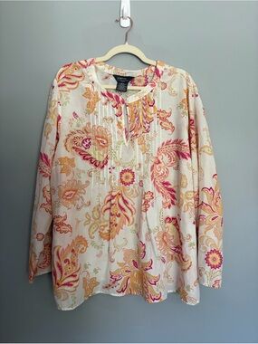 Vintage Cotton Silk Paisley Top Women’s Size 3X Orange Cream Pleated Pintucked